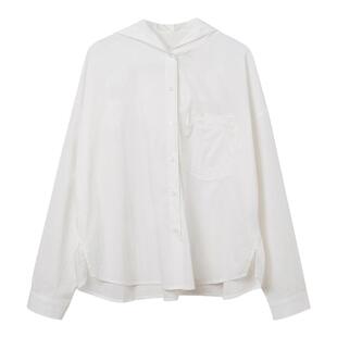 布景衬衫女春季新品简约纯色连帽贴袋长袖宽松衬衣薄外套3093