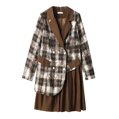 大码美拉德假两件格子连衣裙