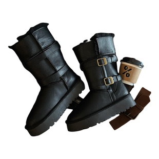 品牌真皮中筒骑士雪地靴女2025新款冬季加绒加厚保暖防水厚底棉鞋