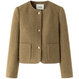 indicia 绵羊毛短款毛呢外套圆领棕绿色秋冬时尚标记女装