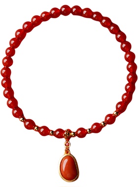 KISSMORE/琛墨福豆纳吉设计师款天然南红玛瑙S925纯银女手链吊坠