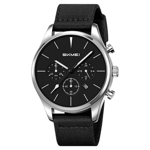 时刻美新款男士手表帆布带多功能防水石英表三眼六针男款腕表日期