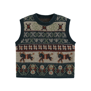 砚台家童装女童复古针织毛衣马甲2025冬新款儿童撞色提花叠穿背心