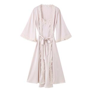 法式带胸垫性感睡衣女冰丝吊带睡裙睡袍两件套女款新娘晨袍长款春