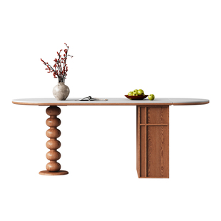 梵创 法式复古洞石岩板餐桌椭圆形可折叠储物中古风实木岛台饭桌