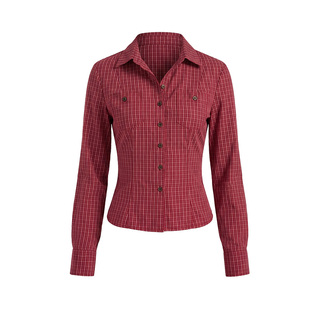 PynkiSwear 藏青色/红色格纹翻领收腰绑带衬衫女肩章衬衣显瘦上衣