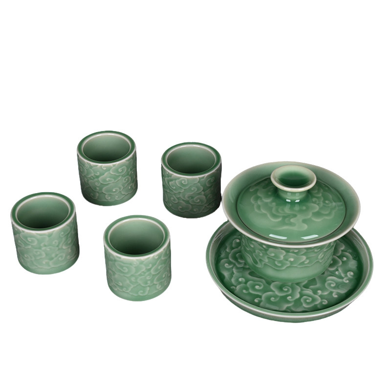 青瓷祥云盖碗功夫茶具6件套装