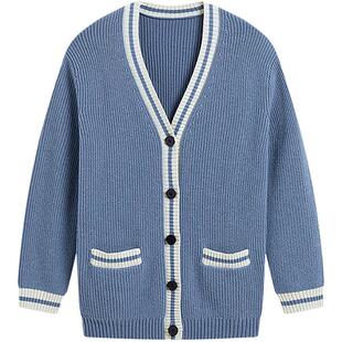 KBNE蓝白条纹撞色v领针织衫女装2025秋季新款复古学院风针织开衫