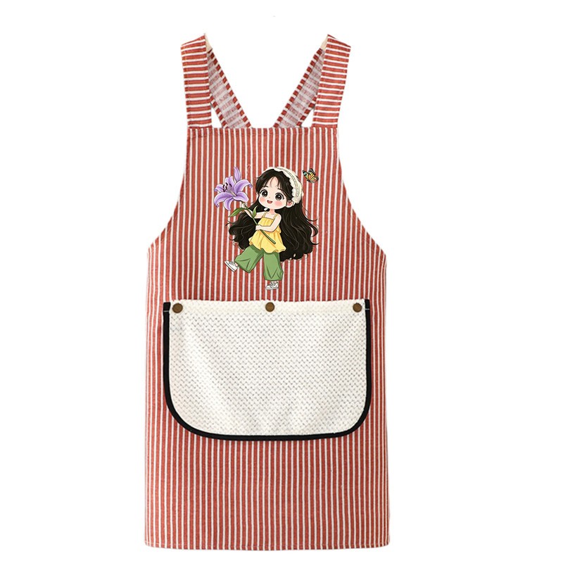 韩式条纹女士围裙防水防油防污厨房家用做饭透气小清新卡通背带款