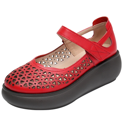 真皮厚底镂空妈妈鞋小码33女鞋松糕底魔术贴大码单鞋春夏洞洞凉鞋