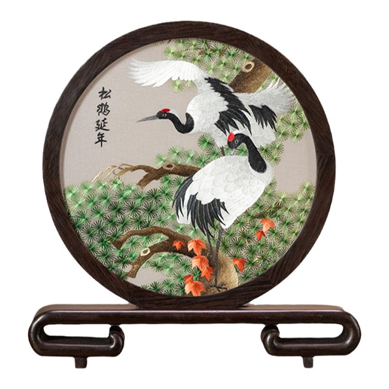 湘?zhèn)鞫Y湘繡手工刺繡雙面繡臥室書房桌臺面圓屏擺件新中式藝術(shù)禮品