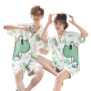 情侣睡衣夏季冰丝短袖短裤冰丝女士可爱卡通男士可外穿家居服套装