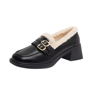 牛皮款~乐福鞋女款2025新款秋冬季加绒棉鞋34码高跟毛毛鞋小皮鞋