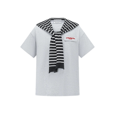 陈乔恩周也同款Alexia Sandra口袋刺绣条纹披肩真两件夏短袖T恤女