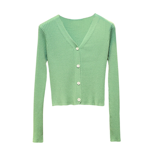 春秋季新款慵懒风坑条V领针织开衫女薄外搭短款外穿毛衣外套上衣