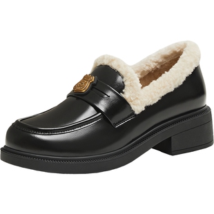 天美意复古英伦厚底乐福鞋皮鞋女加绒毛毛鞋2025冬季新款CNG35DM5