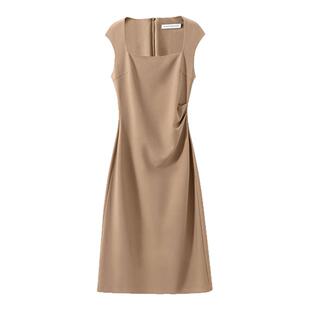 【迷倒众生】3D立体剪裁 小众设计感复古方领无袖捏褶收腰连衣裙