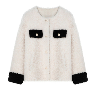 H·GENTEEL荷高新款秋冬装女简约落肩拼接圆领绵羊毛短外套女