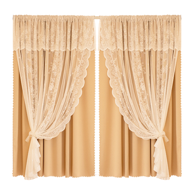 双层纱布一体蕾丝飘窗窗帘免打孔