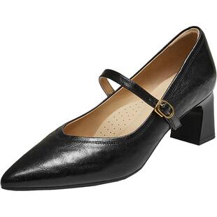 TATA他她女鞋浅口单鞋气质黑色羊皮玛丽珍鞋子粗跟复古鞋XGM03CQ5