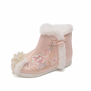 汉服靴女童冬季绣花鞋古装加绒古风棉靴汉服鞋中国风小公主雪地靴