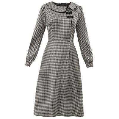 未风黑色娃娃领千鸟格连衣裙女