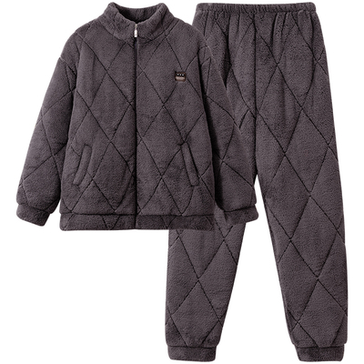 睡衣男款冬季2025新款三层珊瑚绒夹棉加厚加绒男士超厚家居服套装