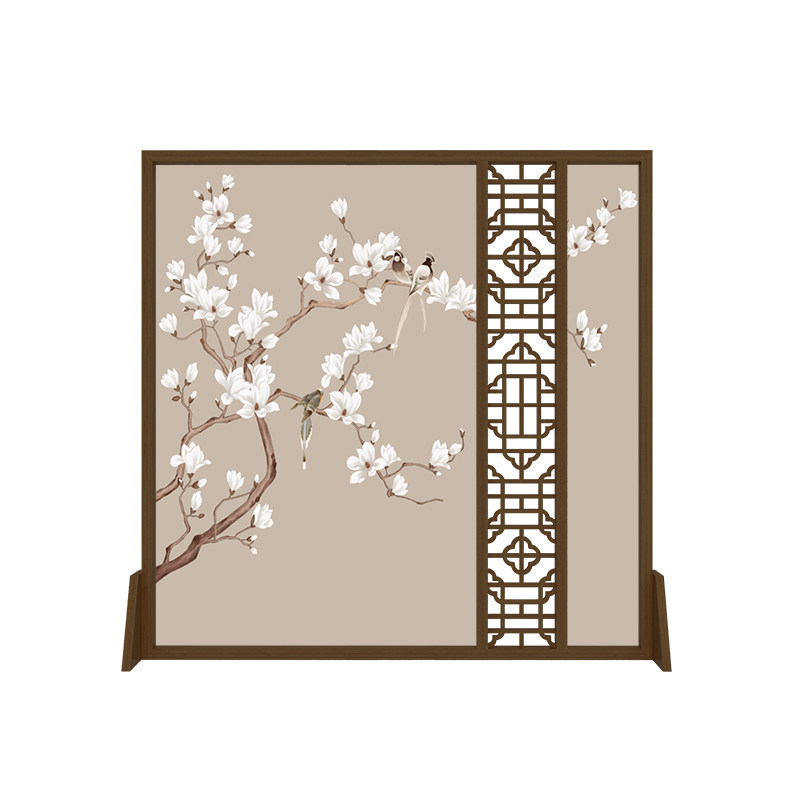 定制新中式实木座屏花鸟镂空屏风
