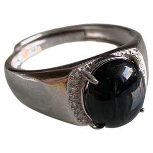 缅甸天然A货翡翠戒指黑色墨翠蛋面裸石戒指S925银锆石镶嵌活扣