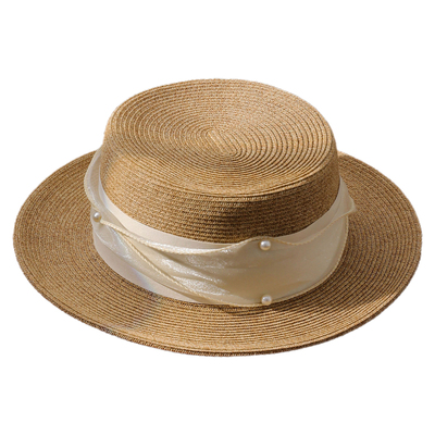 高品质法式名媛珍珠手工编织草帽