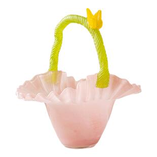 中古拼色手提花篮艺术果盘手工玻璃装饰水果盘桌面艺术家居高级感