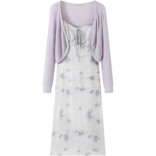 慕兔短款针织开衫吊带裙两件套装女秋2025新款茶歇法式碎花连衣裙