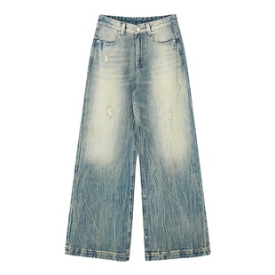 出逃赤岗西 原创设计感蓝色牛仔裤女春秋低腰宽松直筒破洞休闲裤