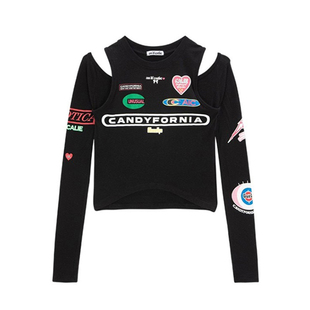 aespa宁艺卓同款韩国asif calie复古长袖T恤女秋短装辣妹露肩上衣