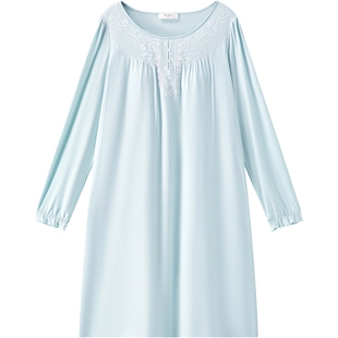 秋棉轻暖|曼妮芬秋冬圆领性感刺绣带胸垫长袖长裙女士家居服睡裙