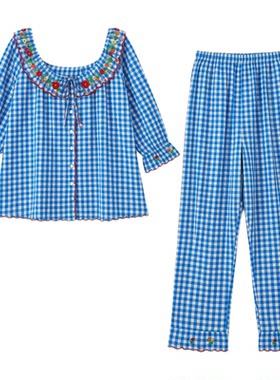 圆领格子睡衣套装高级感家居服