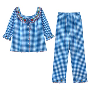 女士圆领格子睡衣女纯棉长袖宫廷风女款高级感法式蓝色全棉家居服