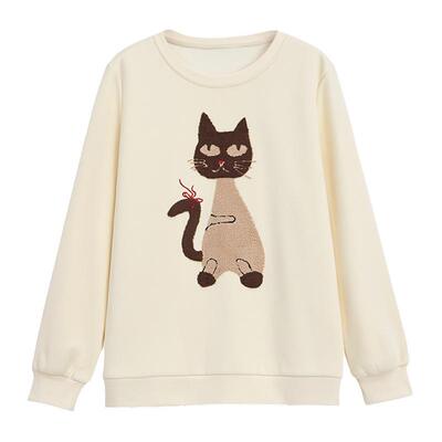 采多宝大码女装胖mm2025冬季新款圆领趣味毛巾绣猫咪卫衣EDZ5937