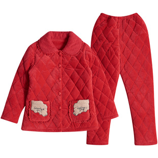 圆人珊瑚绒睡衣女士冬款加厚加绒夹棉红色结婚秋冬大码家居服套装