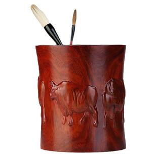 红木质工艺品文房四宝 木头雕刻镂空雕刻五牛图笔筒摆件