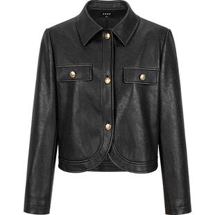 KBNE2025新款长袖直筒黑色短款皮衣外套女高级感复古夹克春秋女