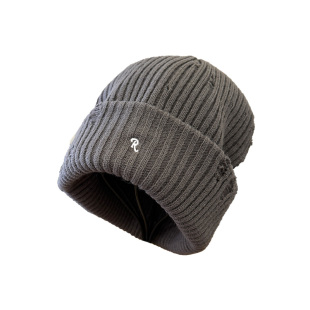 韩版休闲破洞刺绣R针织帽女秋冬街头双层保暖护耳毛线帽情侣冷帽