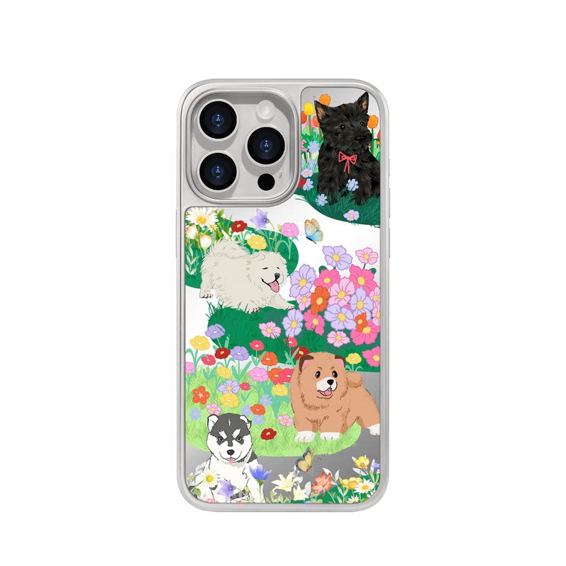 benefit清新花丛卡通狗狗17适用于iphone16promax苹果15PRO镜面磁吸手机壳13新款14小米15PRO防摔三星S25