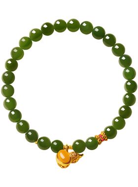 真品和田玉手链女天然碧玉蜜蜡葫芦手串菠菜绿色送妈妈礼物送女友