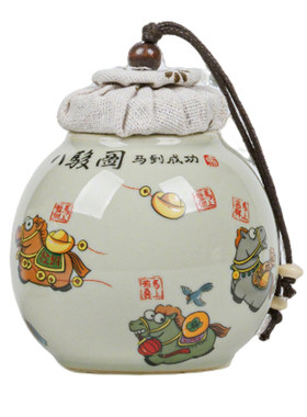 八骏图便携精致茶叶罐陶瓷