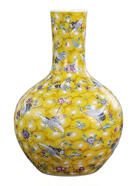 景德镇陶瓷器花瓶珐琅彩黄底仙鹤飞舞家居客厅插花酒柜装饰品摆件