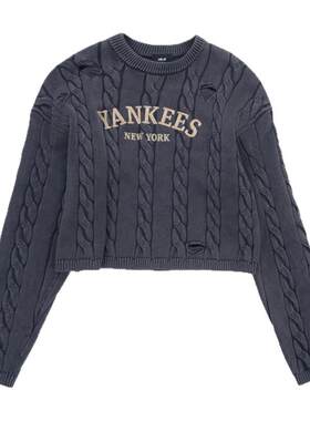 MLB官方 女款时尚复古绞花毛衣短款针织圆领套衫秋季新款KPV03