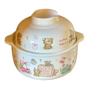吃饼干的小熊仔~可爱奶油色大容量带盖泡面碗早餐碗学生党耐高温
