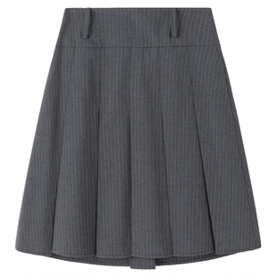 东京岁时记jk灰色中长半身裙女小个子学院风显瘦条纹压褶及膝半裙