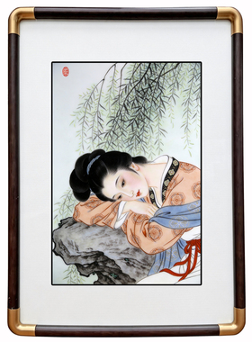 四九艺社 景德镇柳下仕女工笔瓷板画 新中式茶室书房卧室装饰画